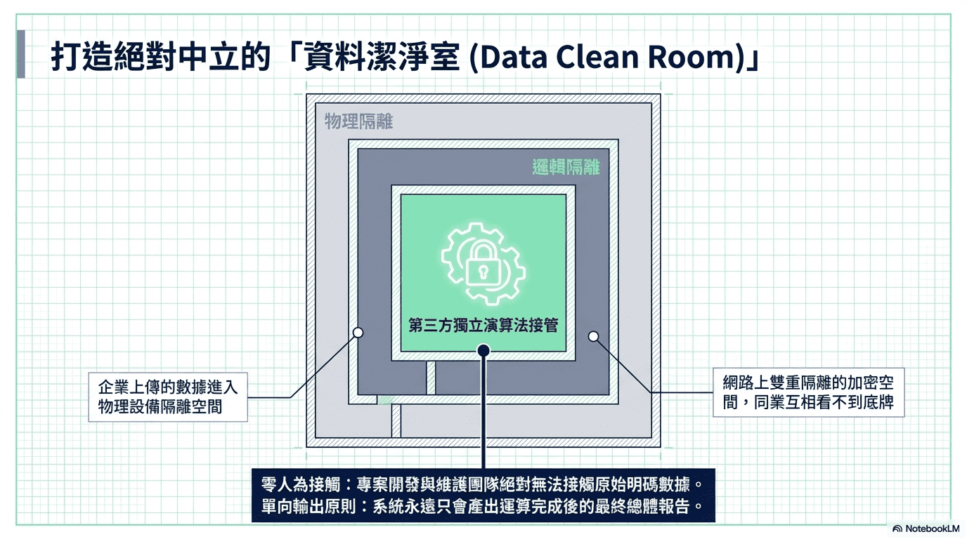 打造絕對中立的資料潔淨室 (Data Clean Room)。架構包含物理隔離與邏輯隔離，數據完全由第三方獨立演算法接管，嚴格執行零人為接觸與單向輸出原則。