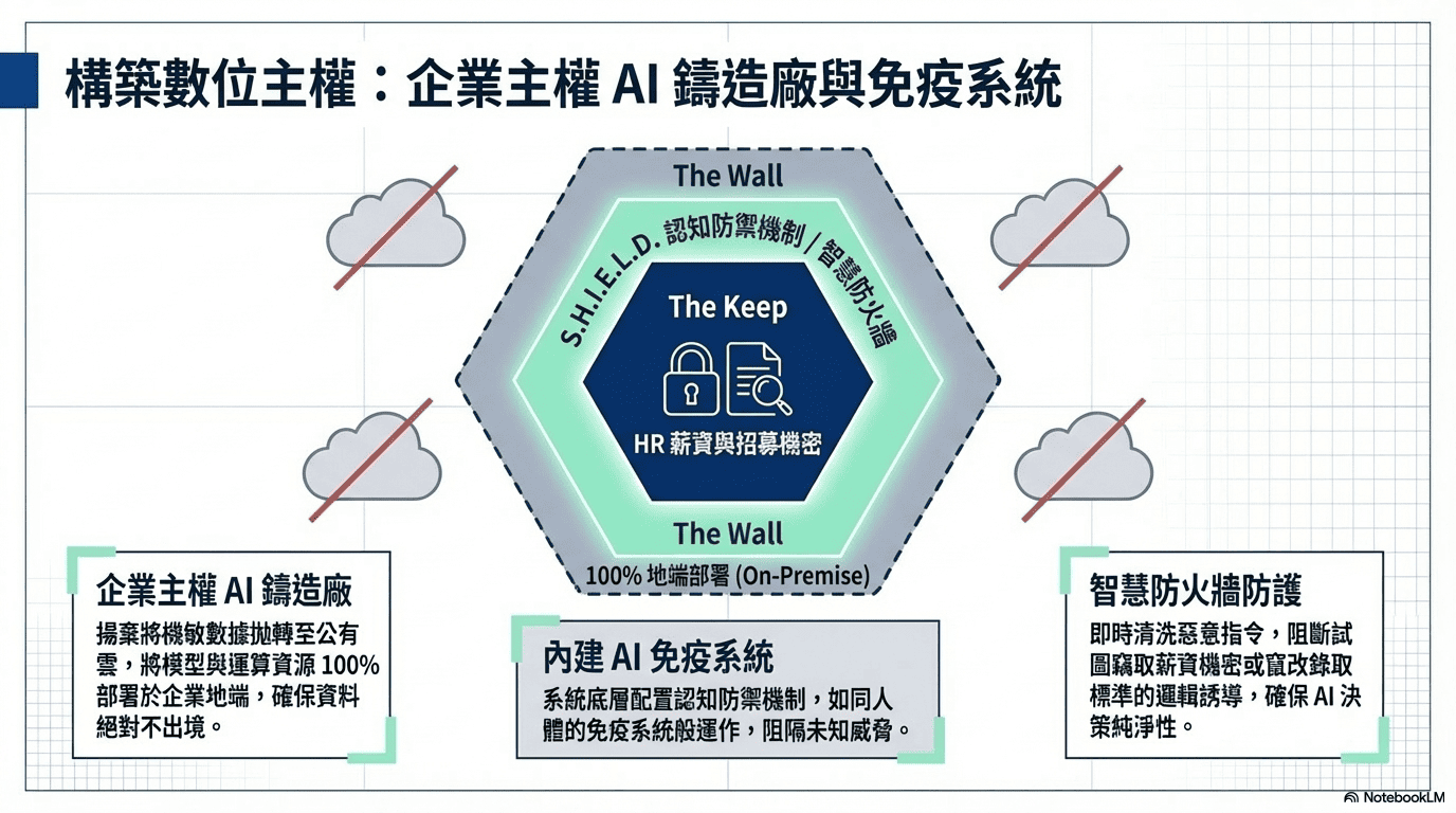 構築數位主權：企業主權 AI 鑄造廠與免疫系統。採用 100% 地端部署 (On-Premise) 保護 HR 薪資與招募機密，內建 S.H.I.E.L.D. 認知防禦機制與智慧防火牆。