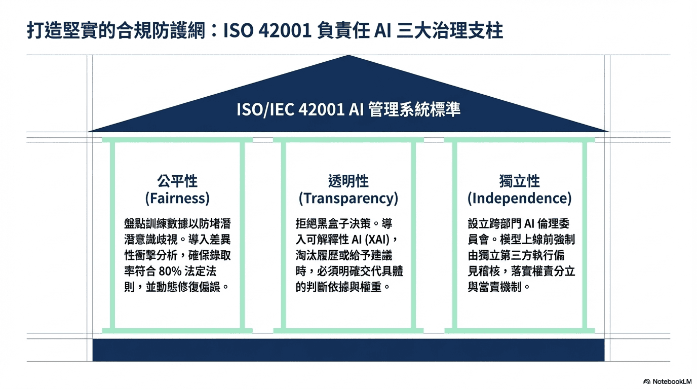 打造堅實的合規防護網：ISO 42001 負責任 AI 三大治理支柱。以公平性 (Fairness)、透明性 (Transparency)、獨立性 (Independence) 作為 AI 管理系統標準的核心支柱。
